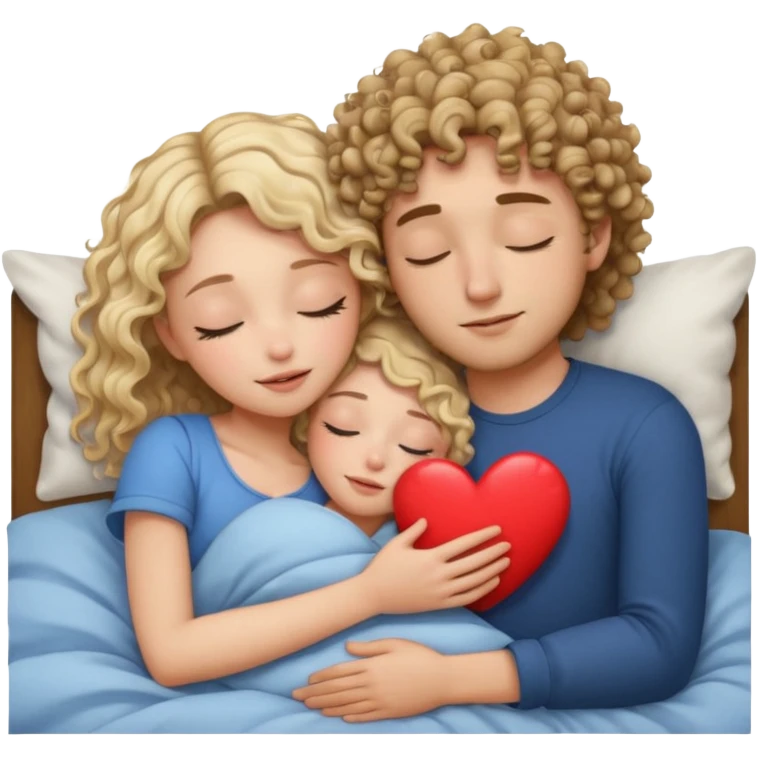 cuddling in bed, asleep. wavy haired blonde girl. curly haired brunette man. eyes closed. heart between them. no headboard emoji