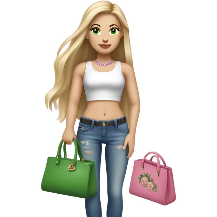 Realistic White girl with Long straight blonde hair, green eyes, tattoos, full body wearing white crop top and jeans, holding pink handbag emoji
