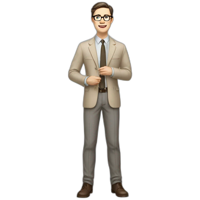 Full height Gesticulating Pale skinned fit man with dark brown hair in gray jacket, beige office shirt, brown tie, brown pants and vintage glasses. emoji