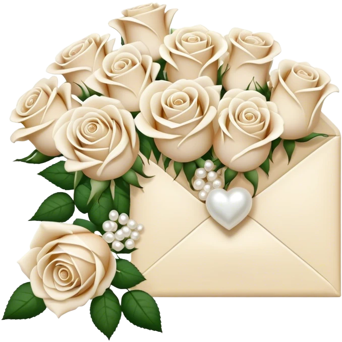 Ivory- beige colored love letter and a bouquet of white and pearl roses  emoji