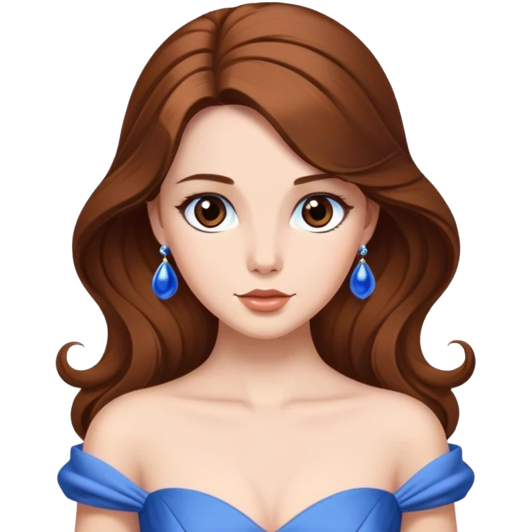 Cinematic Elegant Belle Portrait Emoji, rendered in a realistic, vector-style with minimal shading and bold, simplified shapes. Depict Belle (chest and above) with fair, luminous skin, deep brown expressive eyes, and long, flowing chestnut hair styled elegantly, wearing her classic blue ball gown. The image glows with a soft, warm radiance and high shine, capturing timeless refined beauty. emoji