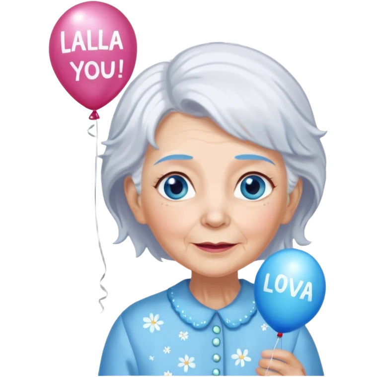 Grandma with right blue eyes white glitter hair, thin, holding a balloon that says Lala loves you!  emoji