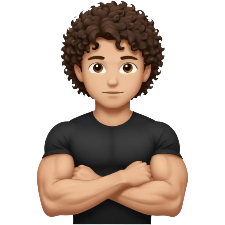 muscular teen boy with veiny hands arms and biceps. has messy brunette curly hair with tan skintone with black tshirt emoji