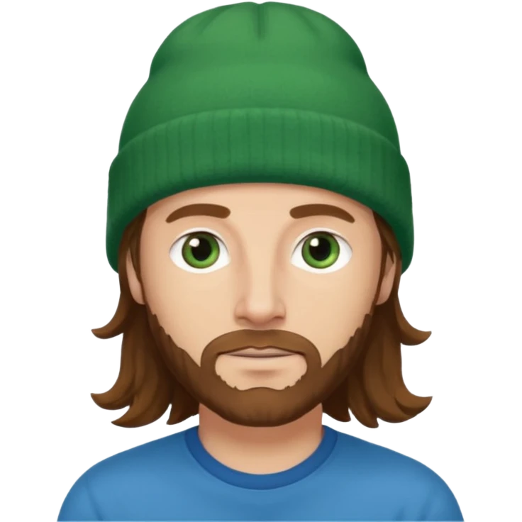 white man
aged 40
Blue eyes, 
mid length brown wavy hair
Green beanie hat emoji