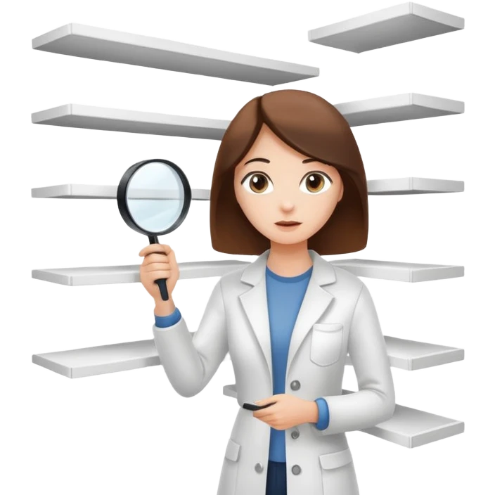 emoji of white empty shelf in perspective view with a standing woman nearby, she is looking at the shelfs with a magnifying glass, she is turned to the shelfs emoji