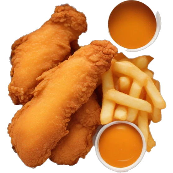 3 chicken tenders with crinkle fries and orange sauce on the side in a styrofoam container emoji
