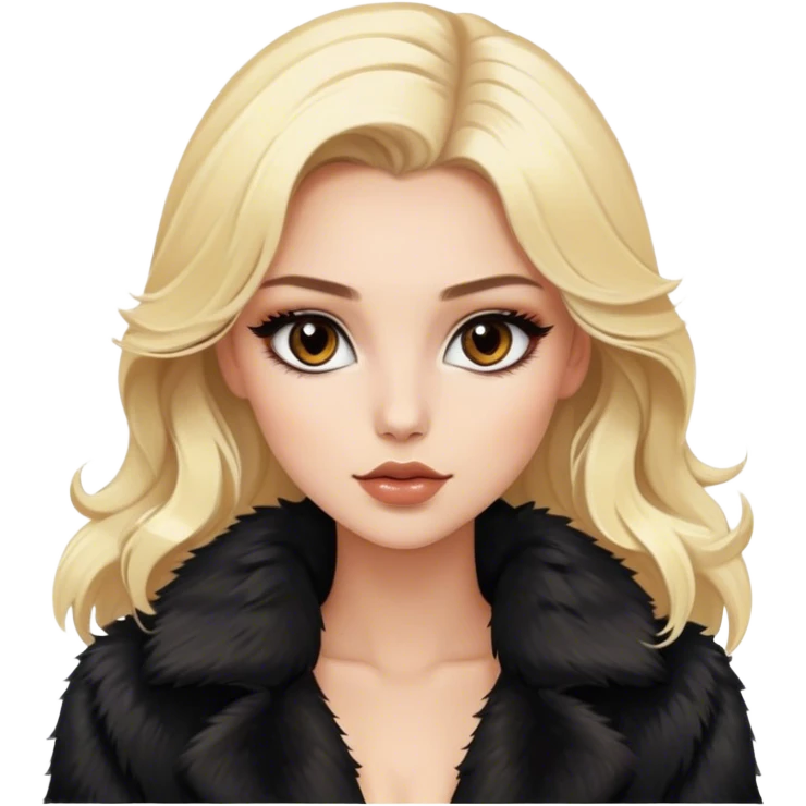 Blonde model with brown eyes, black fur coat, luxury makeup emoji