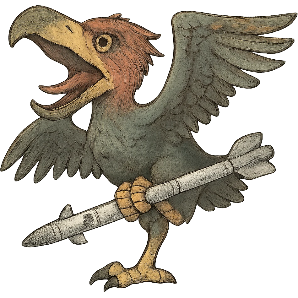 an insignia for a flag: a strange foreign alien bird creature, resembling a prehistoric phorusrhacos, gripping a sidewinder missile in its' powerful claw, standing up on its' other claw, cawing fiercely, wings spread in defiance.
 emoji