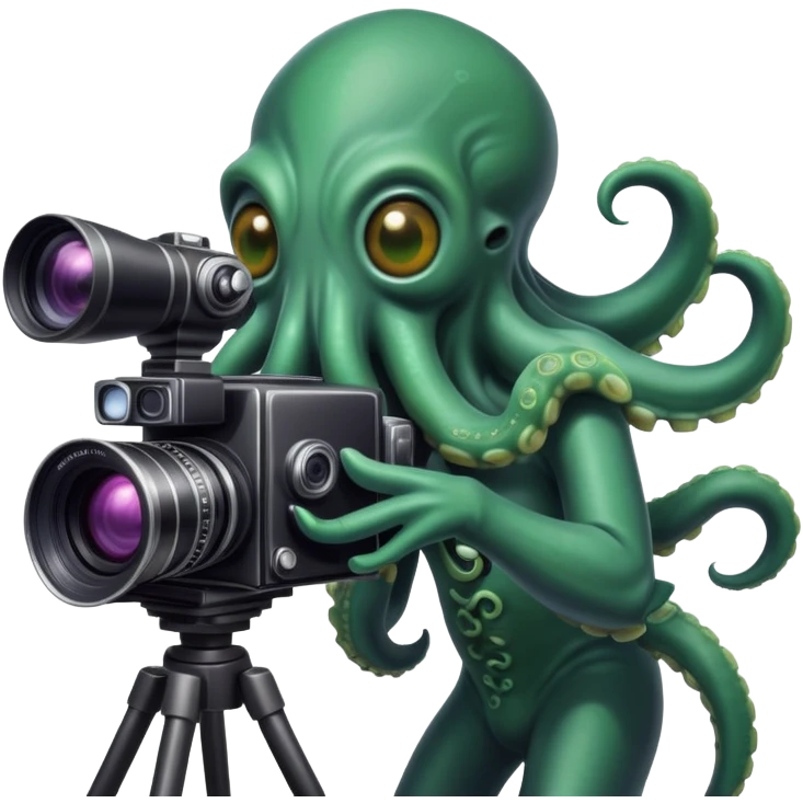 Cthulhu as a cameraman, tentacle-faced cosmic horror entity operating a movie camera emoji