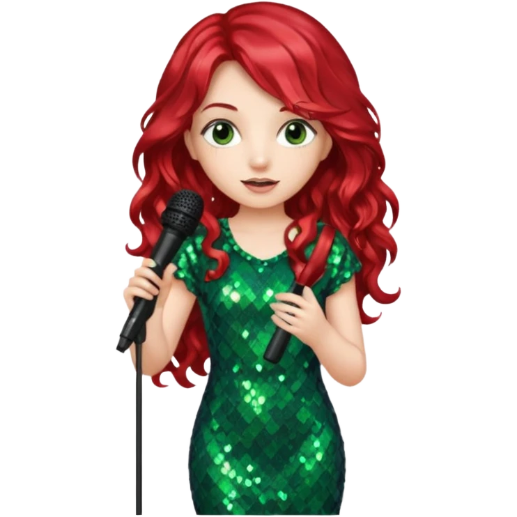 girl in green blink dress, red long wavy hair, holding a mic



















 emoji