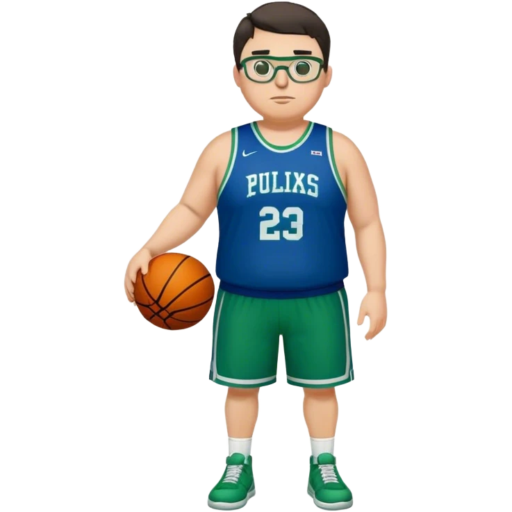 Full Body tall plus size white male with dark short hair basketball player wearing glasses wearing blue green uniform emoji