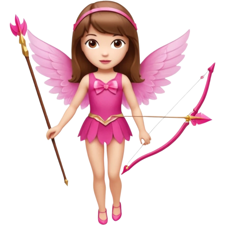 Hada de piel clara cupido pequeña  de cabello largo lacio castaño con flequillo y ojos cafés  vestida con algo sensual semitransparente corto color blanco o rojo con 1 arco y una sola flecha que combinen y labios rositas tipo Barbie pero en hada cupido de cuerpo completo de pies a cabeza   emoji
