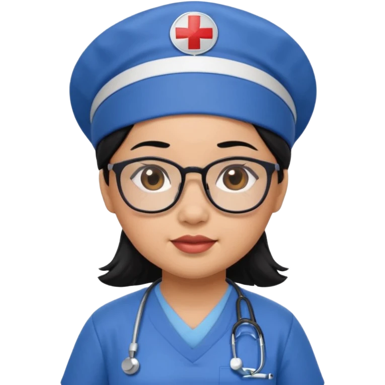 FILIPINA FEMALE NURSE, CHUBBY, BLACK HAIR, WITH GLASSES, BLUE SCRUBS, AND CAP emoji