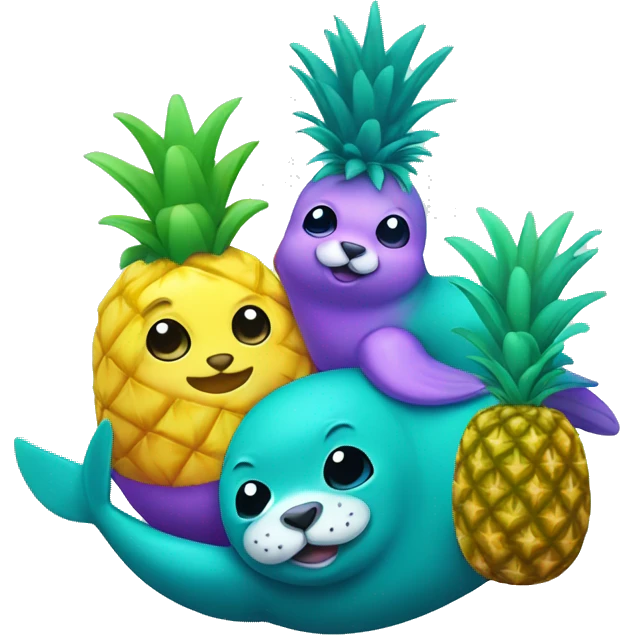 teal-colored seal and purple-colored pineapple emoji