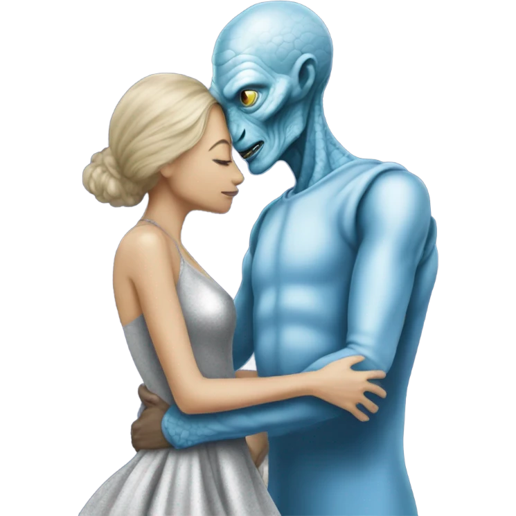 White man in blue dress  hugs and kissing Alien reptilian woman in silver dress  emoji
