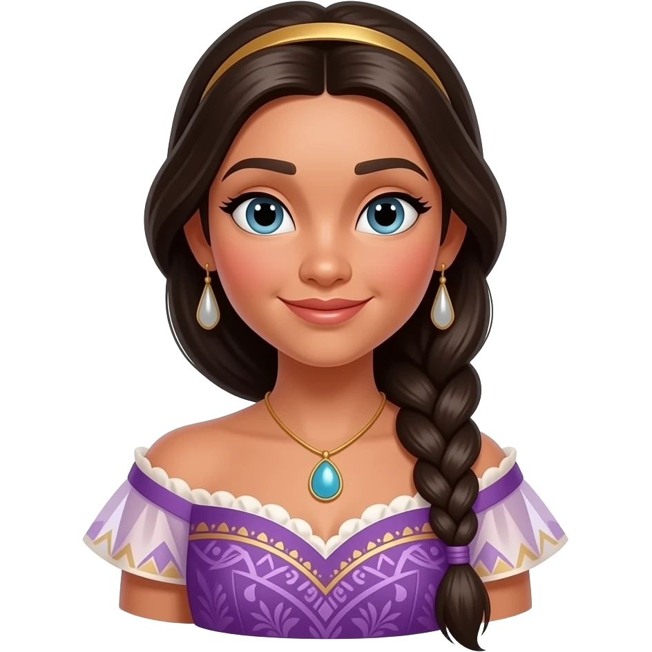 princess moana with belles hair style and a braid, with a purple and white and golddress pocahontus style no necalace, emoji