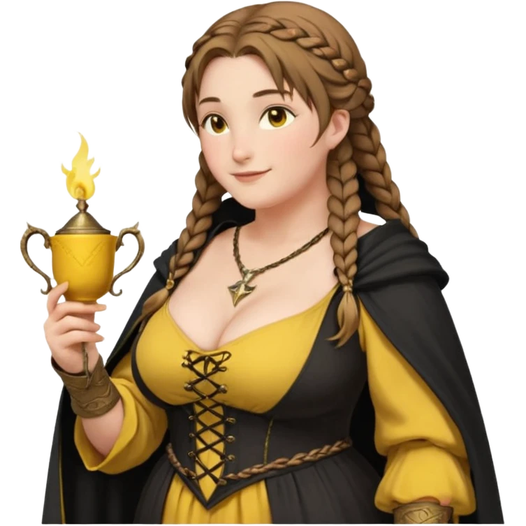 Helga Hufflepuff, half-turned in profile,brown-haired,2 braids,yellow-black medieval open dress,deep neckline,fat macromastia,black cloak decorated with gold braiding,wand,gold cup with two handles,very kind smile,curvy busty sweet woman,round rosy cheeks,full length with medieval shoes emoji