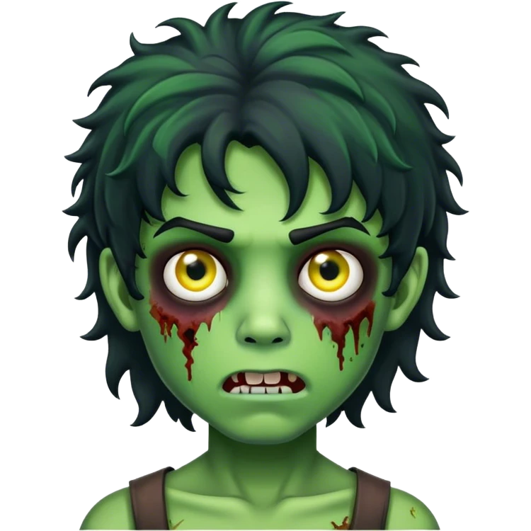 boy zombie with black curly hair mullet with green skin emoji