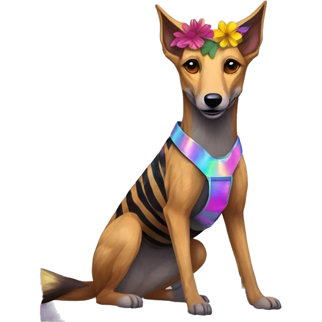 brindle brown black maroon striped lurcher Alsatian fox running blue eyes and iridescent holographic oilslick harness wearing paper iridescent tropical flower crown yellow caution tape emoji