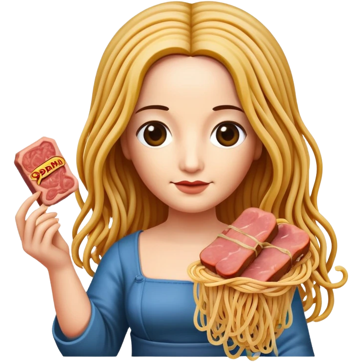 monalisa with flowing spaghetti hair holding spam meat emoji