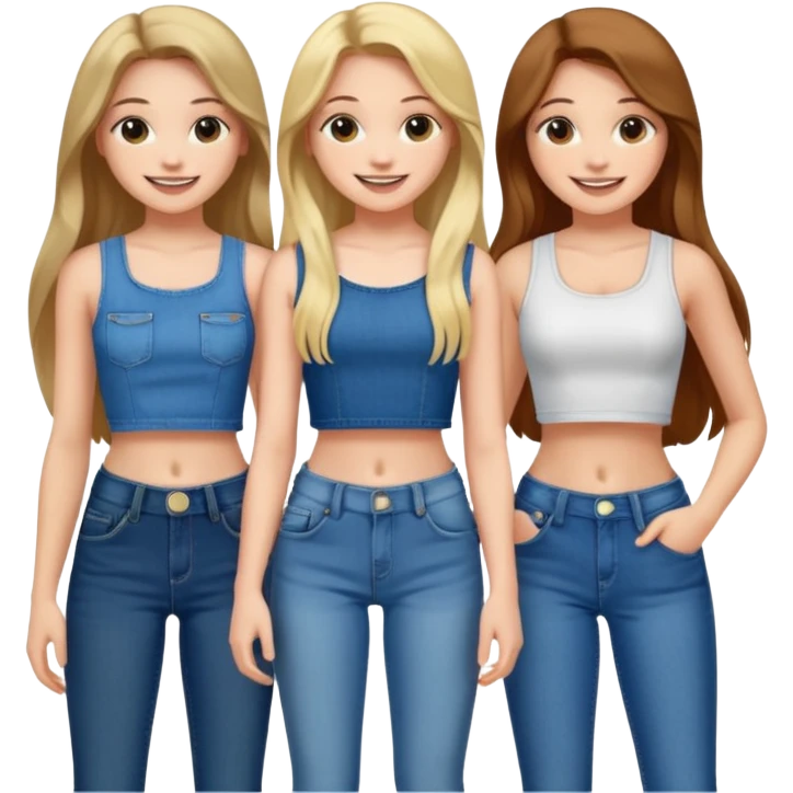 group of cute teenage girls with long hair in crop tops and jeans emoji