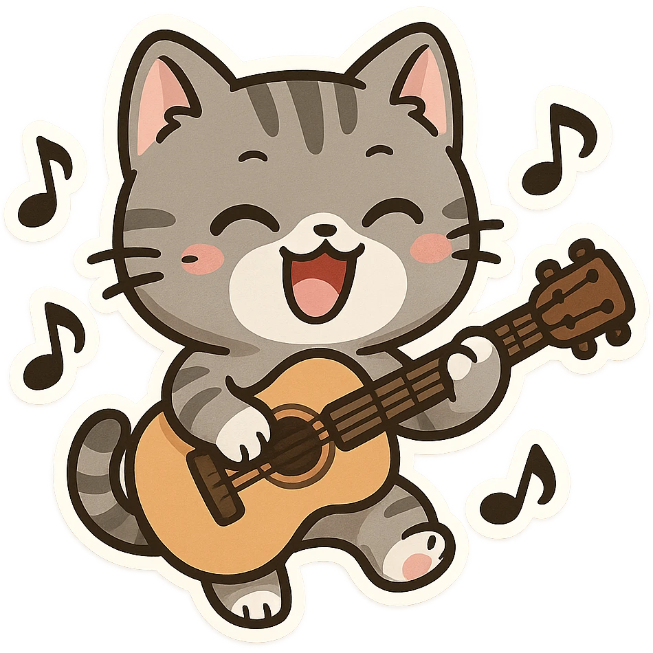 grey tabby cat enthusiastically playing the guitar, musical notes around emoji