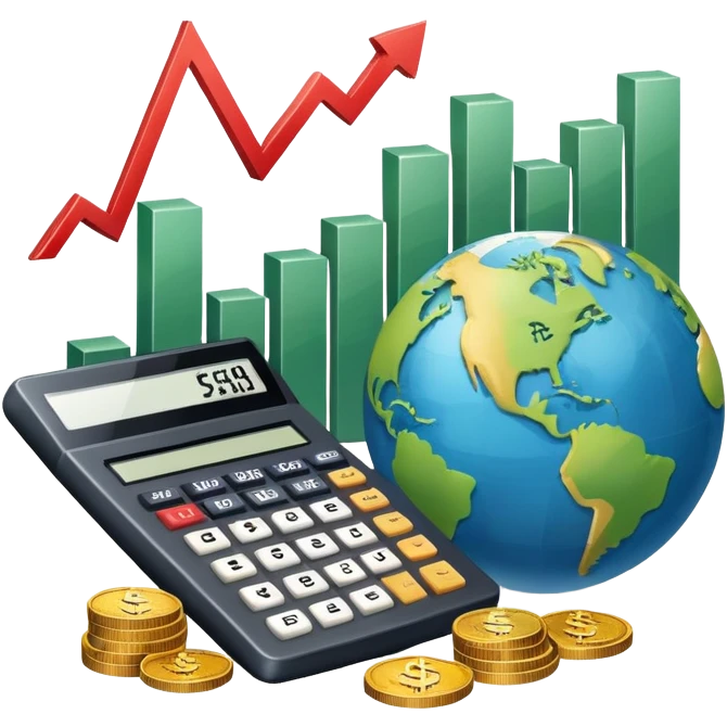 An icon featuring a calculator, a dollar sign, and a chart with upward trends, symbolizing economics. The design includes coins, bills, and a globe, representing global trade and financial systems. Transparent background highlights the study of markets, supply, and demand. emoji