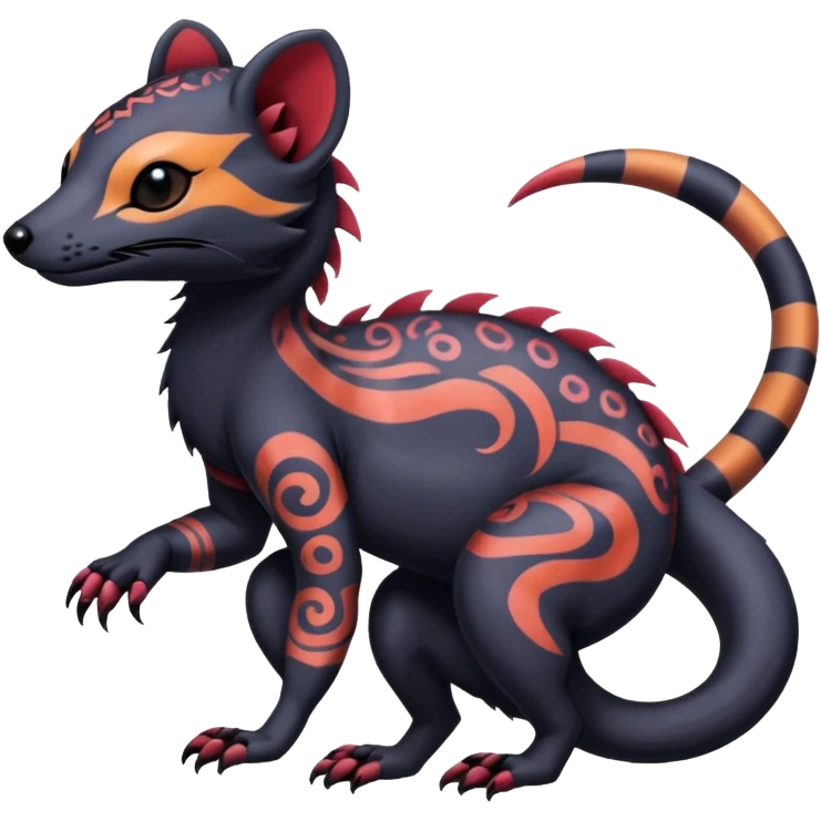 Rare warm-colored exotic gloomy tropical edgy cute epic aesthetic spooky  gothic colorful Salandit-Noibat-Civet-species-Fakemon-hybrid-creature, with tribal tattoo markings, full body emoji