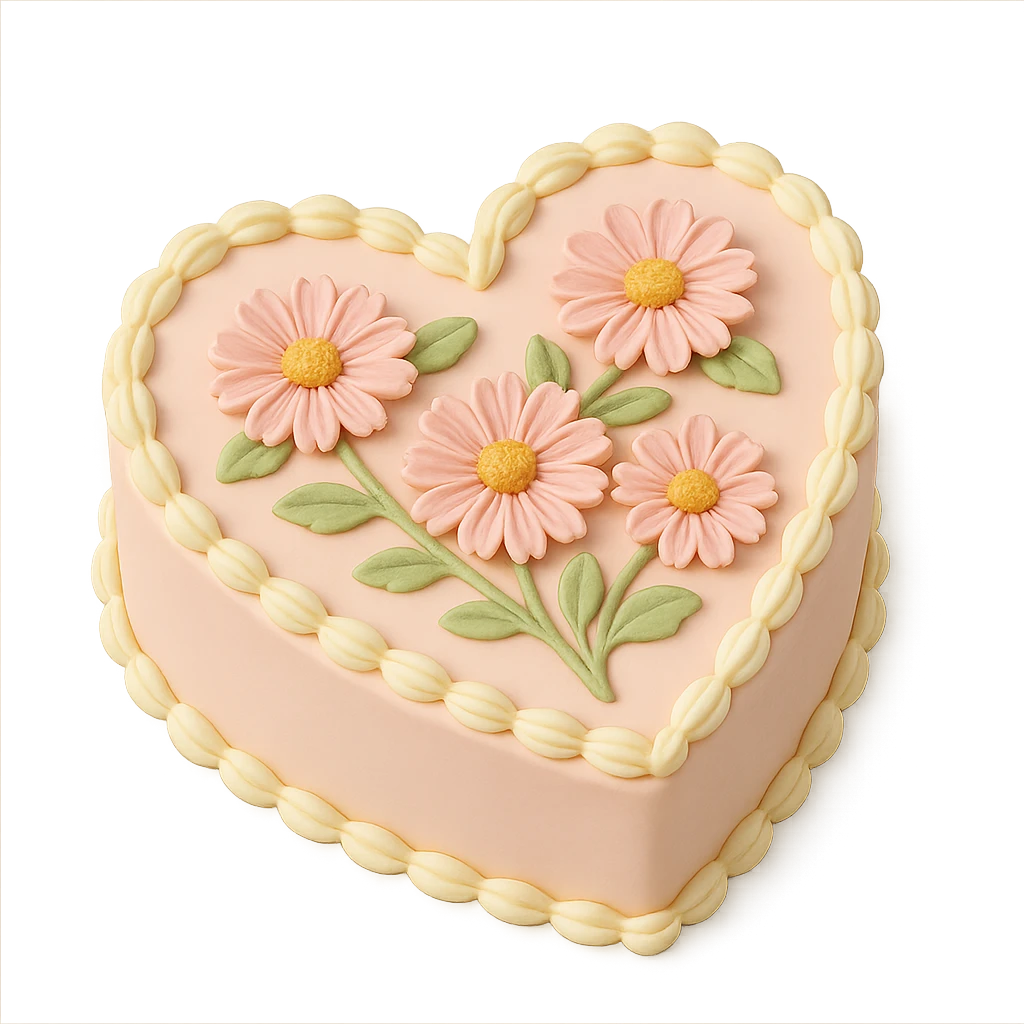 heart-shaped fondant cake with piped asters emoji