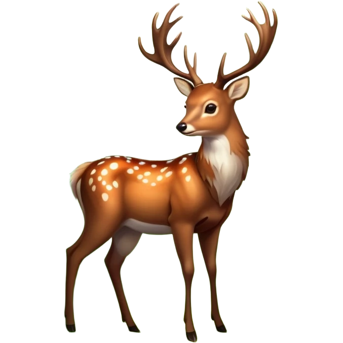 A majestic forest deer with glowing antlers, surrounded by soft green foliage and dappled sunlight, in a magical woodland style. emoji