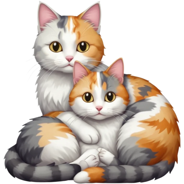 full body colourful light patched calico + white tabby cat cuddling a grey and white cat  emoji