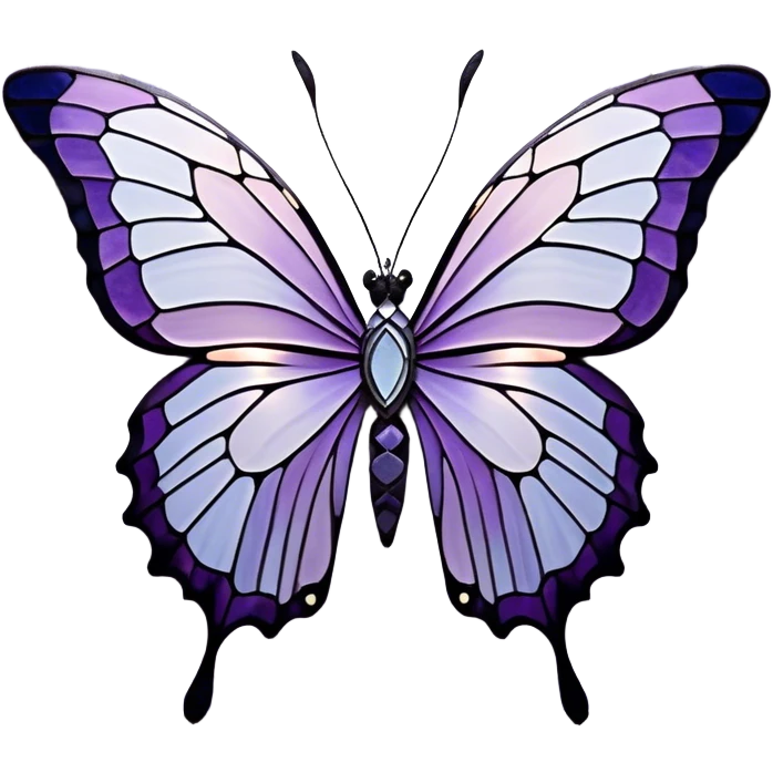 a stunningly detailed butterfly with lilac and ice-purple wings, adorned with an elegant mosaic-like pattern resembling stained glass. The wings should display a harmonious blend of swirling and geometric designs, giving them a mystical and artistic feel. The butterfly should have a graceful, elongated body with a subtle metallic sheen, enhancing its enchanting presence. emoji