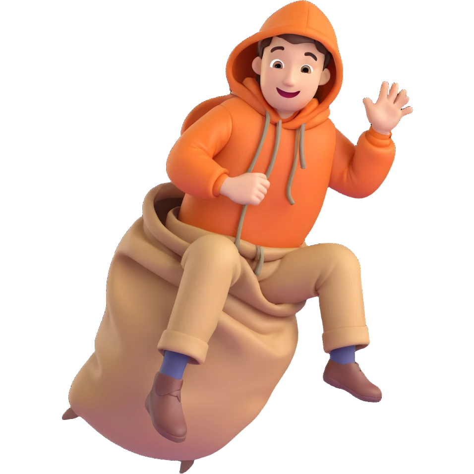 3D emoji style man in a sack, jumping, cheerful expression emoji