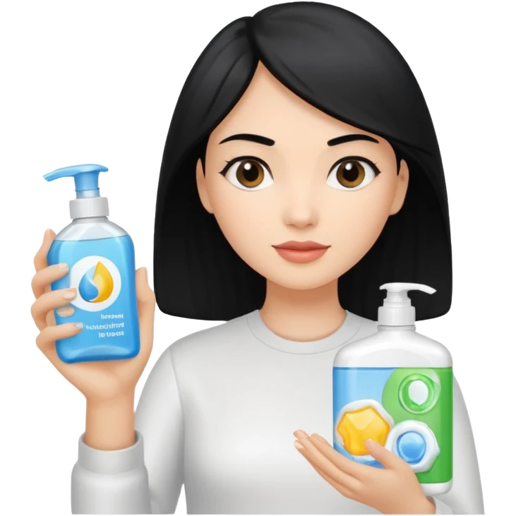 Generate a light-skinned girl with black hair who takes skincare. On the left hand side, she holds a detergent in her hand, and on the right hand side on the sheath, it is the one she applied. emoji