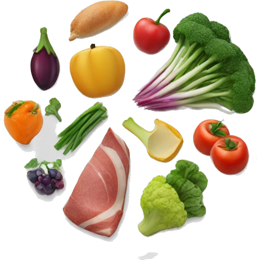 White Plate with different groups of food: vegetables, fruits, carbohydrates, meat & fats emoji