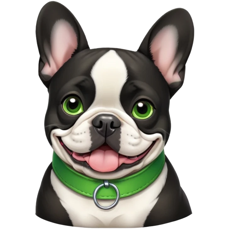 French bulldog black whit will a green collar  emoji