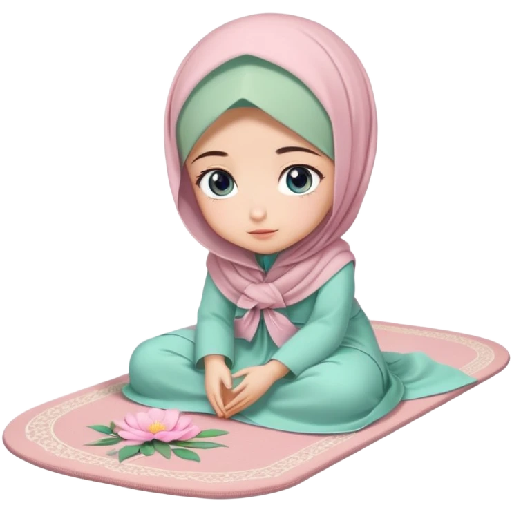 Turkish beautiful finish Konya girl blue eyes with powder pink and mint color flower hijab long tail dress and sits on the pray mat namaz on the ground with dua  emoji