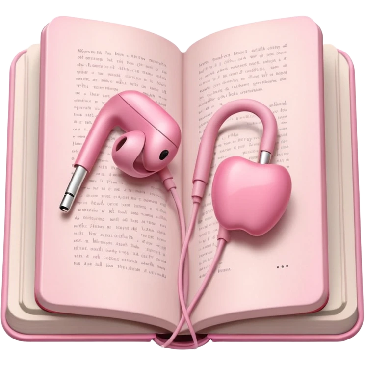  pink Pink Apple-style earbuds lying on an open book, soft pastel tones, cozy and minimal aesthetic, realistic lighting and shadows, top-down view, transparent background" emoji