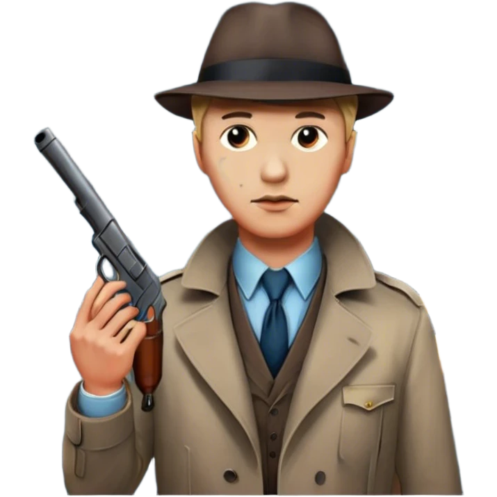 Icon for Detective Movie: A vintage movie poster-style design with a close-up of a detective holding a gun on a dark London street. The scene features a full moon, bloodstains on the pavement, and a mysterious atmosphere, evoking a classic noir detective thriller. Transparent background. emoji