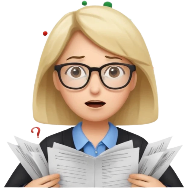 A kindergardenteacher with an overwhelmed expression, surrounded by flying papers and three question marks. emoji