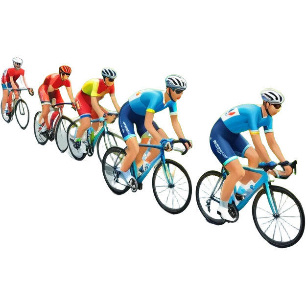 A dynamic icon of a professional cycling race. Cyclists in colorful jerseys speed along a winding road, their bikes leaning into the turn. The background showcases rolling green hills, a bright blue sky, and cheering crowds along the roadside. The scene radiates energy and motion.  emoji