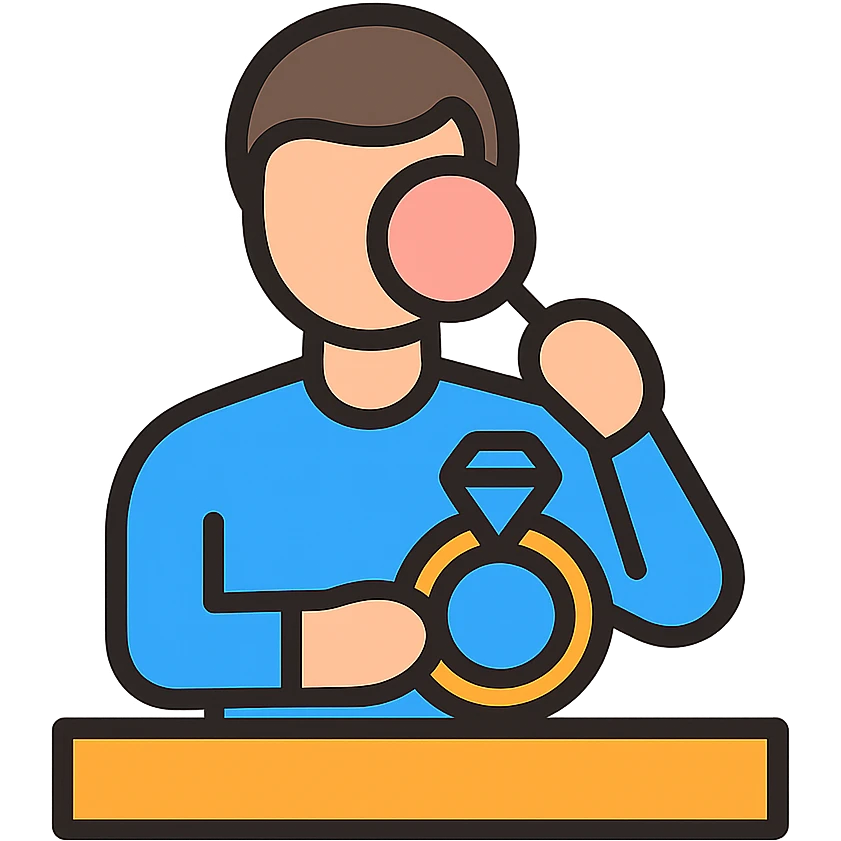 digital communication theme of a person appraising a gold jewel at a counter emoji