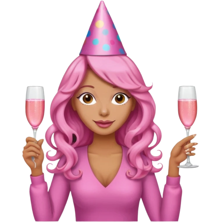 One lady with long pink curled hair and tan skin holding a glass of  pink champagne in each hand emoji