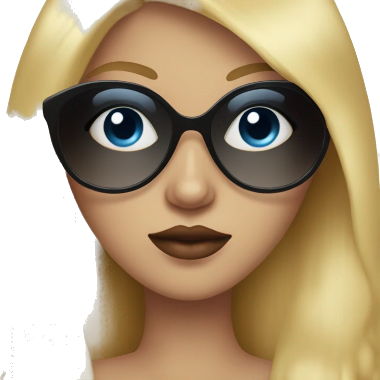 Girl with long blonde hair, blue eyes, black sunglasses that cover her eyes and cherry lipstick and a crown emoji