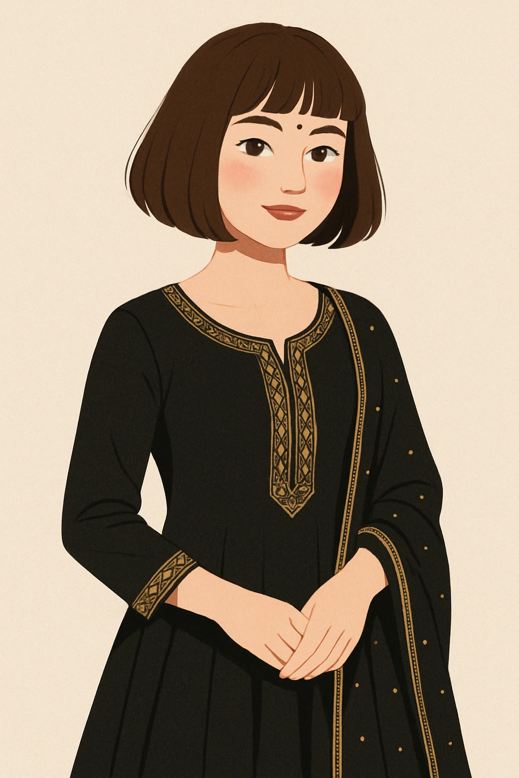a girl with a black Indian dress, bob cut brown hair, and white skin tone, in a modern illustration style emoji