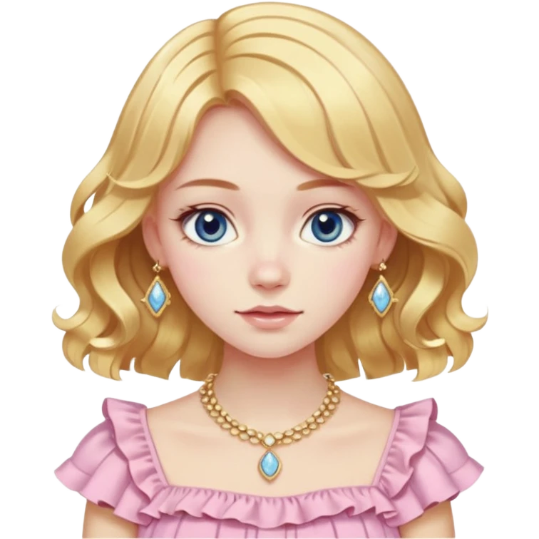 Slavic girl with peachy-pink pale skin, medium-short length straight-wavy light golden brown hair, dark blue eyes, wearing a fancy ruffle pastel yellow top and expensive light gold jewelry emoji