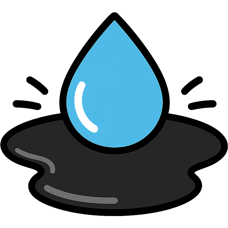 water droplet sliding on glossy black mirror-like paint, main color glossy black, subtle repellent effect with water lines moving away, modern and clean icon emoji