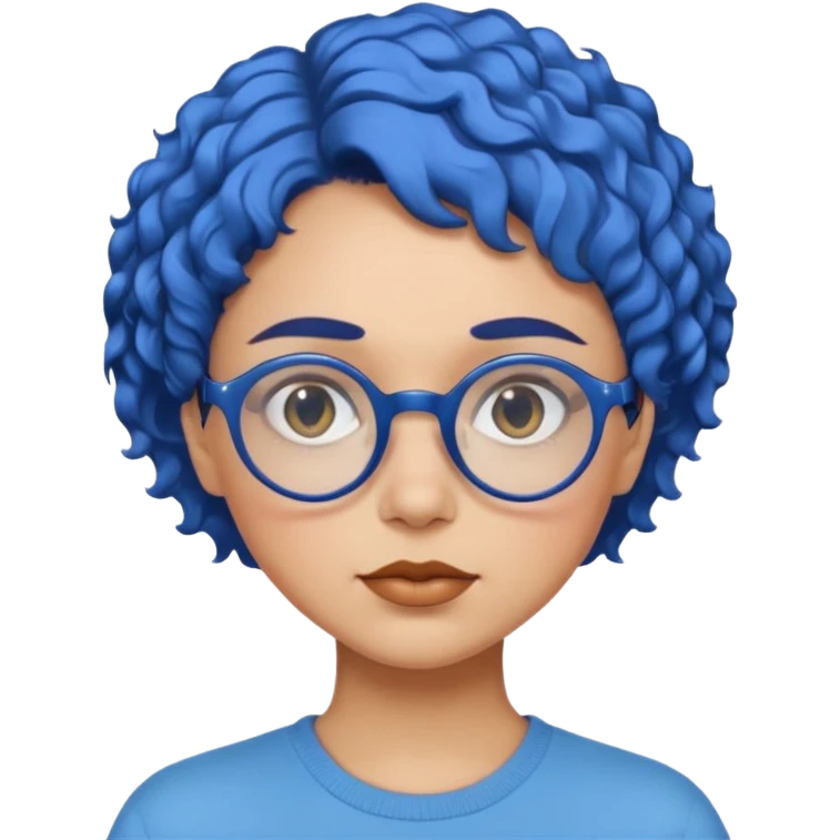laydy with short, curly blue hair, matching blue eyebrows, light brown skin, round black glasses, and a neutral facial expression. emoji