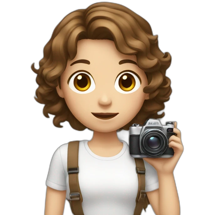 girl with short wavy brown hair, holding a camera emoji