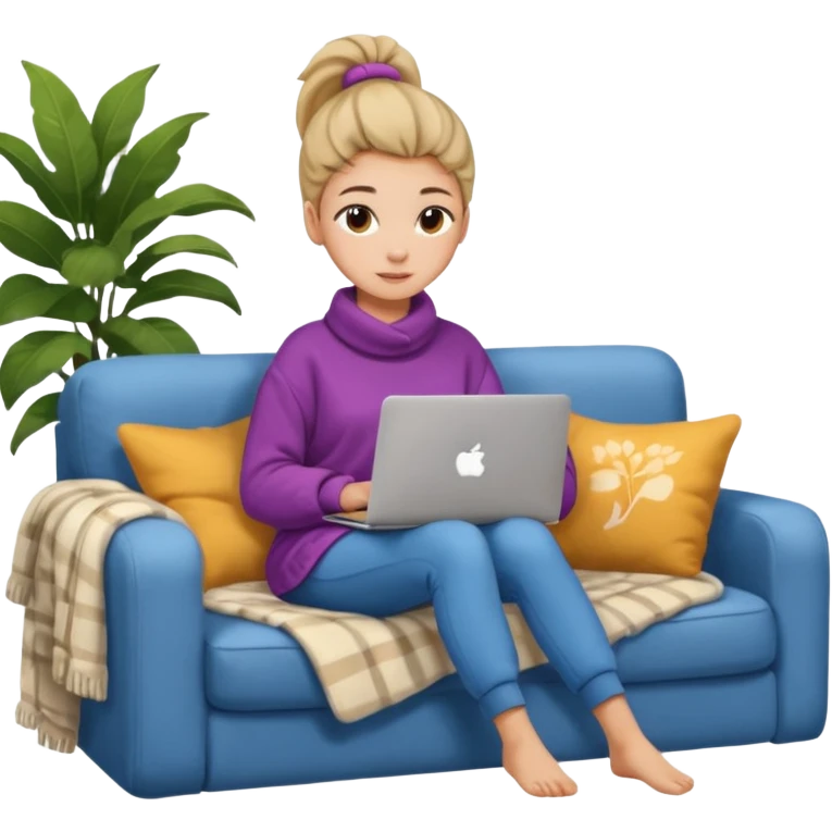 Cozy girl with ponytail on a cozy sofa with laptop on knees and a warm blanket, relaxed online shopping from home emoji